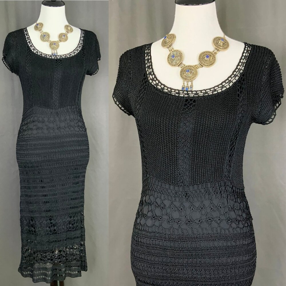 Vintage 90’s Kroshetta By Papillon Black Crochet Midi Dress Size S - Picture 3 of 16